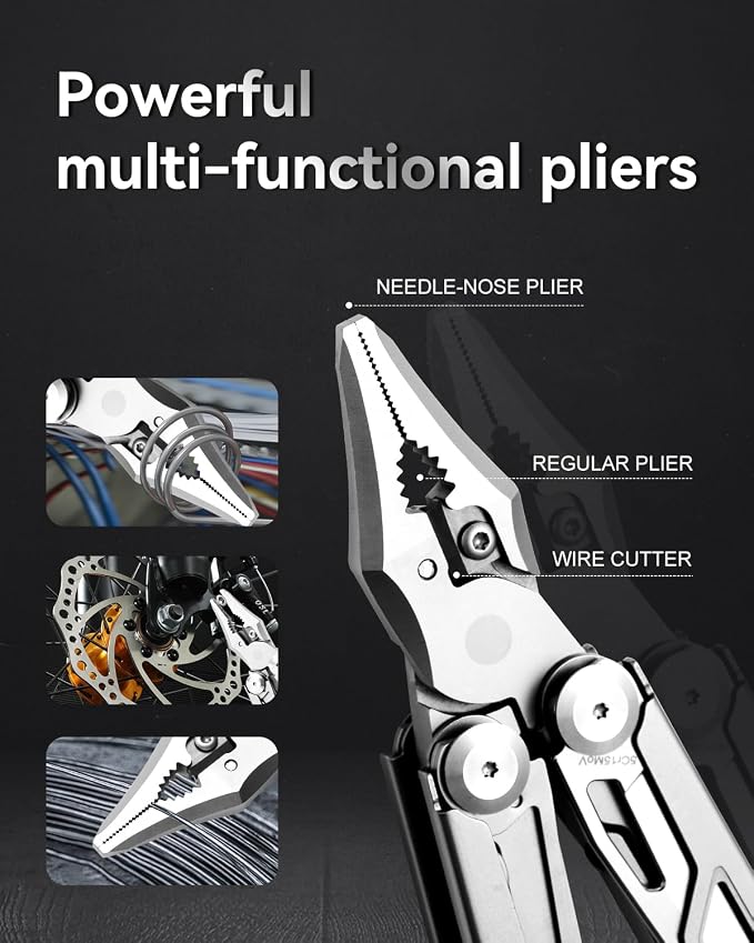 Strong 15-in-1 Multitool Pliers with Sheath, Stainless Steel, Grey | Folding Multi Tool, Needle Nose Pliers & Wire Cutters, Knife, Saw, Screwdrivers, Bottle Opener, EDC Pocket Knife
