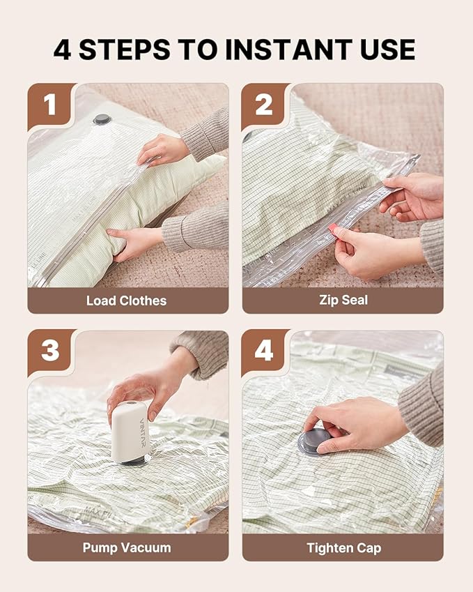 VINTAR 24 Pack Vacuum Seal Bags for Clothing Travel with Cordless Pump | Space Saver Vacuum Storage Bags, USB Rechargeable Pump, 4 Sizes Compression Bags Set for Travel Luggage Clothes Bedding