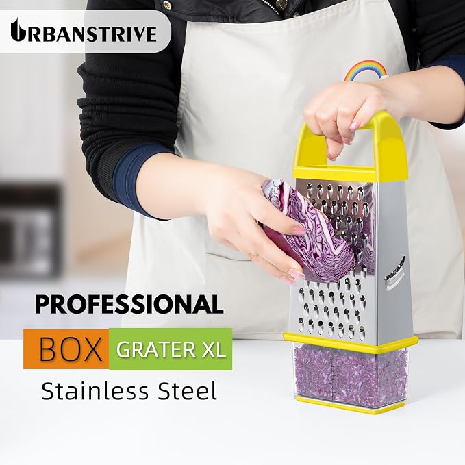Urbanstrive Cheese Grater With Container, Professional Cheese Grater with Handle, Stainless Steel Graters for Kitchen Handheld, Box Grater with 4 Sides for Vegetables, Ginger, Potatoes (Yellow)
