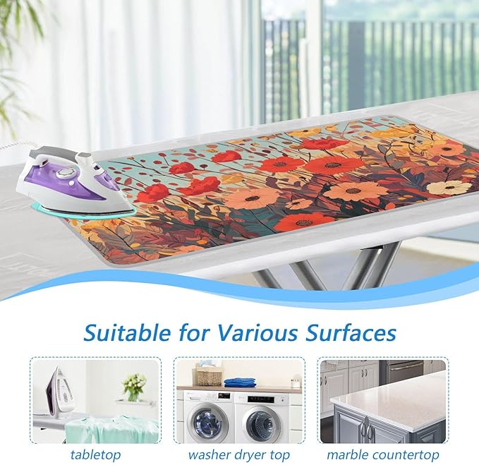 Autumn Poppy Flowers Ironing Mat Portable Ironing Pad Blanket with Silicone Iron Rest for Table Top Travel Heat Resistant Double-Side Using Large 47x28 Inch Foldable