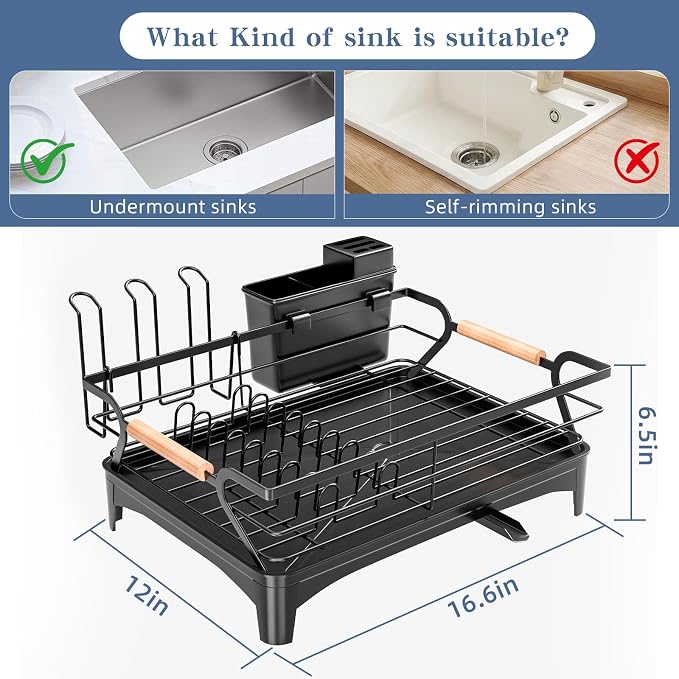 Dish Drying Rack,Space Saving Dish Drainer for Kitchen Counter & Sink,Black | Rustproof,Riser Feet,Wooden Handle,Cup Holder & Knife Slots,Expandable Spout,Auto-Drainage System,Sink Storage Organizer