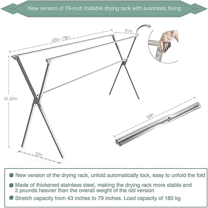AZK Clothes Drying Rack Extendable Laundry Drying Rack with 20 Hooks | Stainless steel Sturdy Lightweight Frame Foldable Portable Design for Indoor and Outdoor Sun Drying of Garments 79.55In