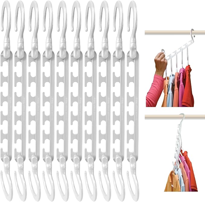 Wonder Hanger Max 10-Pack Space-Saving Hangers, 360° Hooks, White | Maximize closet space with 10 assembled cascading hangers and reinforced 360° swivel hooks—ideal for dorms and storage.