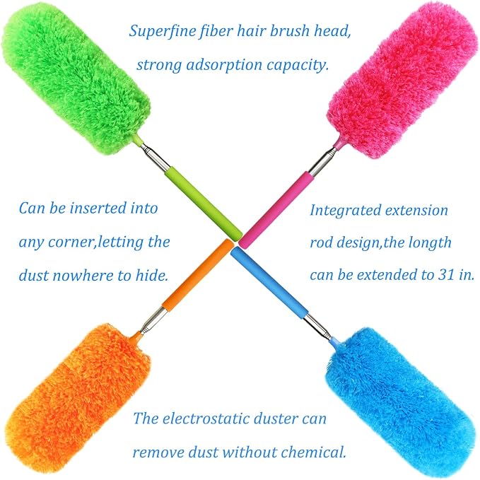 4 Pack Microfiber Feather Duster, with Extendable Pole and Bendable Head, Washable Microfibre Cleaning Tool for Cleaning Office, Car, Computer, Furniture, Sofa, Photo Frame