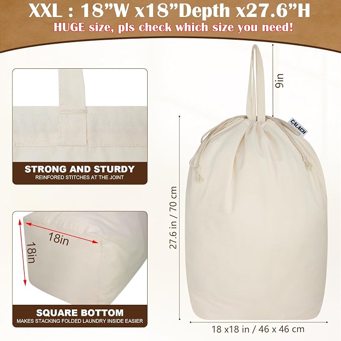 Canvas Laundry Bag with Handles & Square Base, XXL 18"Wx18"Dx27.6"H, Beige | Extra Large Heavy Duty Laundry Basket Hamper Liner Replacement, Washable Drawstring Dirty Clothes Bag, Canvas Storage Sack