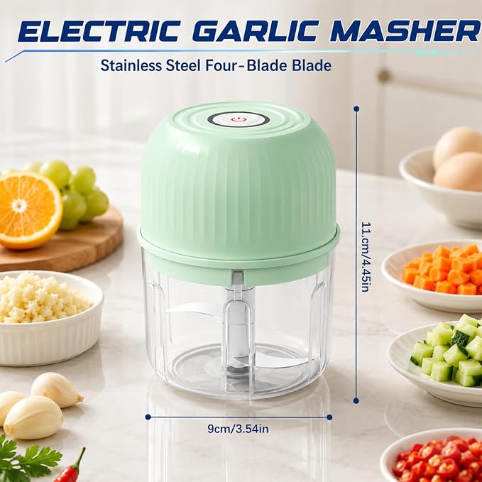 Electric Garlic Chopper, Mini Rechargeable Electric Garlic Chopper, Wireless Portable Food Processor for Ginger Chili Onion Vegetables Meat (Light green)