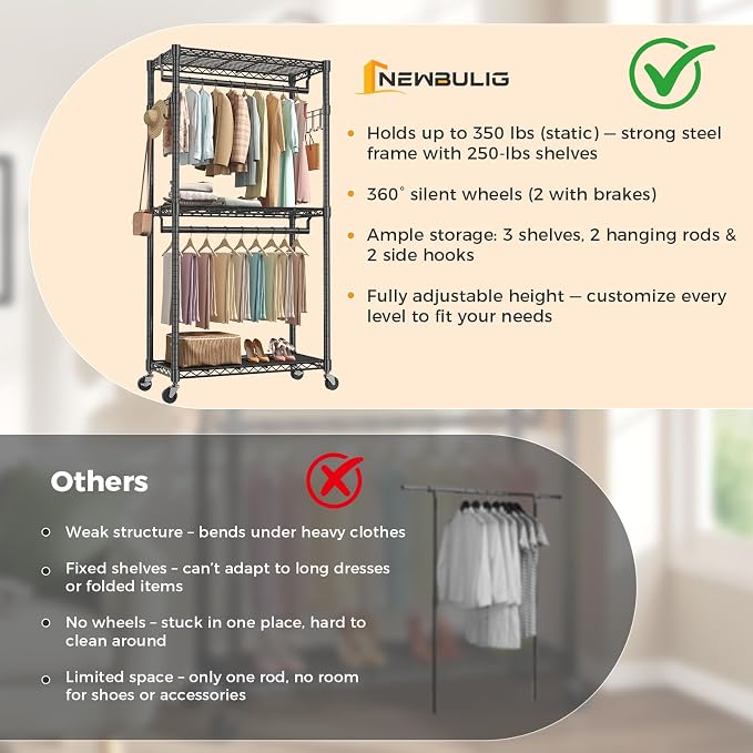 NEWBULIG Heavy Duty Clothing Rack with Wheels, 3-Tier Adjustable Wire Garment Rack, Metal Freestanding Closet Organizer System with Double Hanging Rods & 8 Side Hooks, 35" x 15" x 75", Black