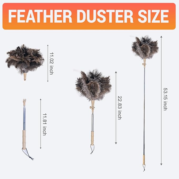 Extendable Ostrich Feather Duster, Natural Ostrich Feathers Long Handle Duster for Cleaning, 47” Soft & Fluffy Feather Duster for High Ceilings, Fans, Walls, Furniture, Home Dusting(A11-Ivory)