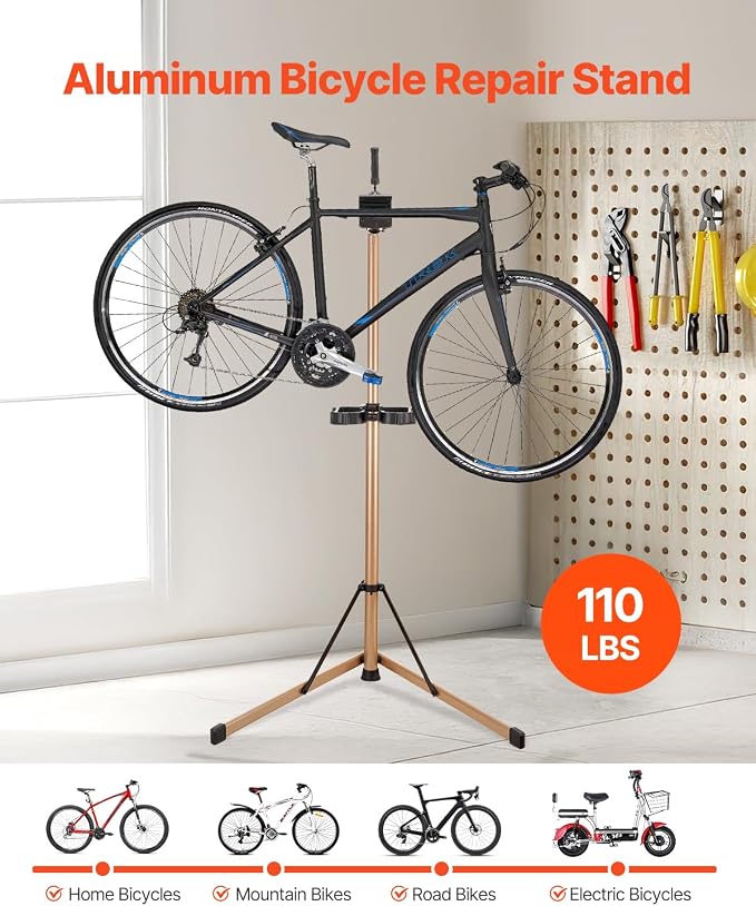 VEVOR Bike Repair Stand, Max. 110 lb Heavy-duty Bicycle Work Stand with 40.3-59.4 in Adjustable Height & Large Tool Tray, Foldable Ebike Maintenance Rack, Shop Home Mechanics for Mountain Road Bike