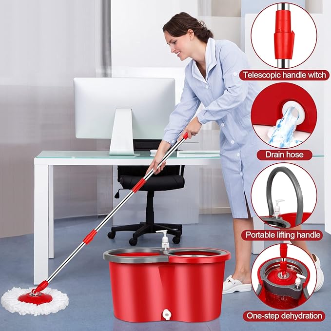 Spin Mop and Bucket Set, 360° Spin Mop and Bucket with Wringer Set and 3 Microfiber Mop Refills, Stainless Steel 61" Extended Handle Spinning Mop Bucket System for Floor Cleaning