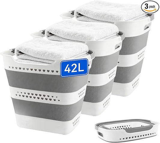3 Pcs 42L Medium Collapsible Plastic Laundry Basket with Handles, Foldable Laundry Basket Hamper, Pop Up Storage Container Organizer for Washing Storage (Gery, 17 Inch * 13 Inch * 15 Inch)