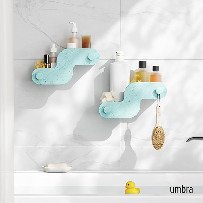 Umbra Nami Shower Caddy Set of 2 – Adhesive Shower Shelf, No Drill Wall Mounted Bathroom Organizer, Rust-Free Plastic Shower Storage Baskets for Shampoo & Toiletries, Ocean Blue