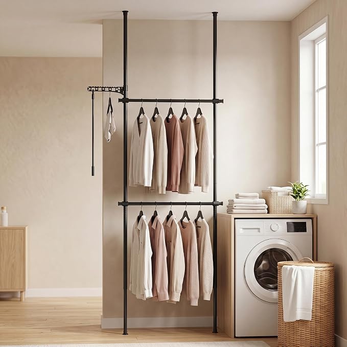 Giantex Floor to Ceiling Clothes Rack, 2 Rods Heavy Duty Garment Rack | Tension Pole Closet System w/ Folding Drying Rack, Reacher Pole, Metal Garment Organizer for Bedroom, Laundry Room, Closet