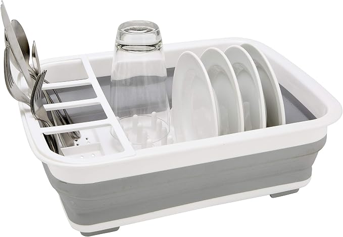 Kitchen Details Collapsible Dish Drying Rack | Space Saver | Aerated Bases Drain Holes | Plates, Bowls, Utensils Compartments | Countertop and Sink Storage | White/Grey
