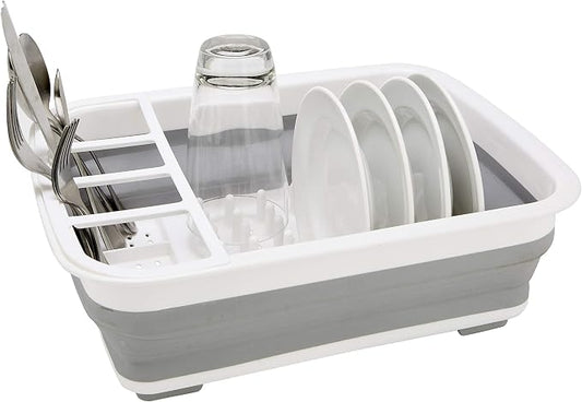 Kitchen Details Collapsible Dish Drying Rack | Space Saver | Aerated Bases Drain Holes | Plates, Bowls, Utensils Compartments | Countertop and Sink Storage | White/Grey