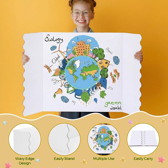 Mooliwe 4 Pack 21" x 14" Black White Trifold Poster Board, Mini Foldable Corrugated Presentation Display Board with Scalloped Border for Science Fair Events, School Projects, Back to School Supplies
