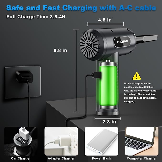 FRESMOL Compressed Air Duster, Rechargeable Cordless Electric Air Blower | 3-Gear Adjustable, 100000RPM, Smart LED Display, LED Light, Keyboard, PC, Car, Home Cleaning, Replaces Canned Air, Grey