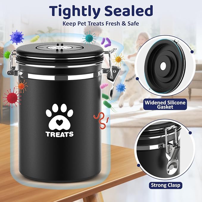 ENONCI Dog Treat Container Airtight- 7.2"x4.7" Large Stainless Steel Cat Treat Jar for Kitchen Counter with Scoop, Pet Storage for Fresh Dog Cookie