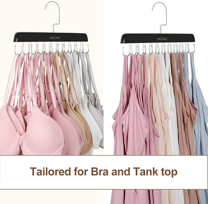 TOPIA HANGER 2 Pack Bra Hanger for Closet, Premium Wooden Tank Top Hangers | 40 Foldable Hooks, 360°Rotating Hooks, Easy to Install, Durable Solid Wood, Space Saving Storage for Tank Tops, Bras, Belts