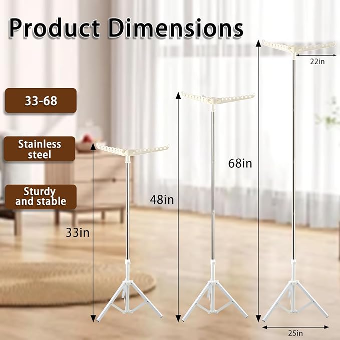 Clothes Drying Rack,Dry Rack for Clothes 36-68" Satin Finish Thickened Stainless Steel Heavy-Duty Tripod Base Space-Saving Collapsable 3 Rotatable Arms