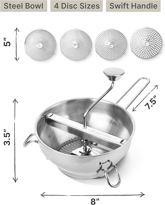 Premium 4-Disc Stainless Steel Food Mill – Ergonomic Rotary Hand Crank for Tomato Sauce, Canning, Applesauce, Baby Food, Mashed Potatoes, Puree & Jams