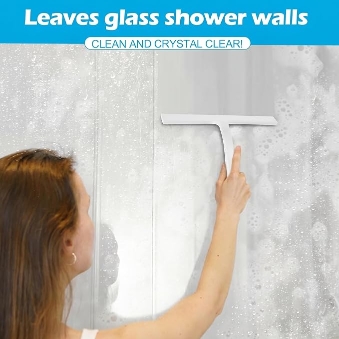 Shower Squeegee for Glass Doors, Mirror Window Tile Scrubber Cleaner with Hook Silicone (White)