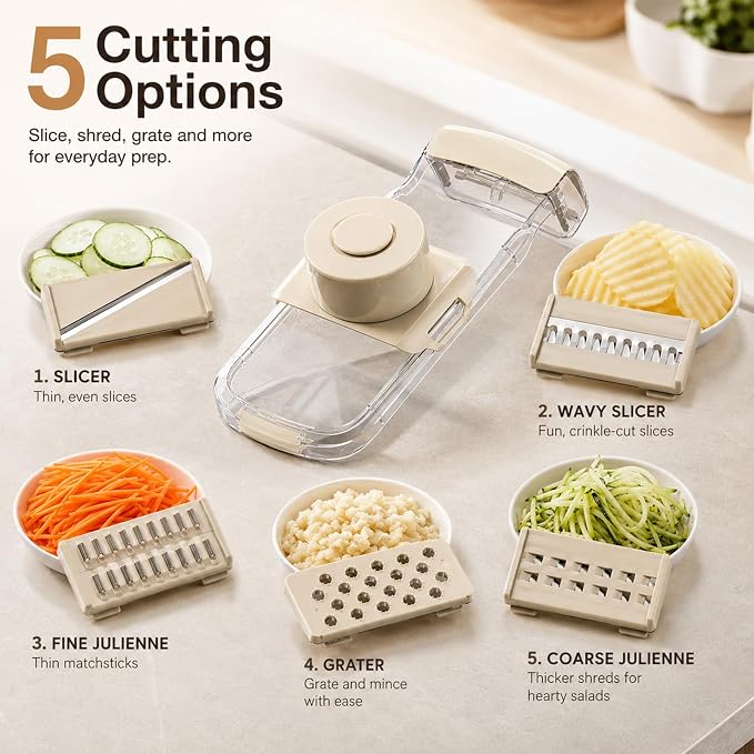 Mandoline Slicer, Vegetable Cutter, Container, Glove & Guard, 5-Blade | Five interchangeable inserts deliver 1.5mm sheets, 3mm and 5mm julienne, wavy edges, plus grated textures for varied recipes.