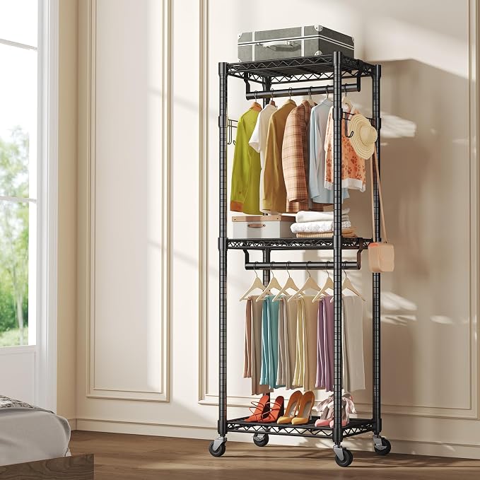 NEWBULIG Heavy Duty Clothing Rack with Wheels, 3-Tier Adjustable Wire Garment Rack, Metal Freestanding Closet Organizer System with Double Hanging Rods & 8 Side Hooks, 23" x 15" x 75", Black