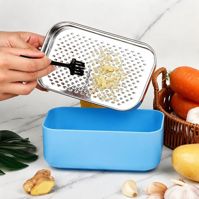 Cheese Grater with Storage Container, Box Grater Stainless Steel for Vegetables, Cheese Shredder 2 Sharp Blades for Fine & Coarse, Non-Slip Base, Lemon Zester, Includes Cleaning Brush (Blue)