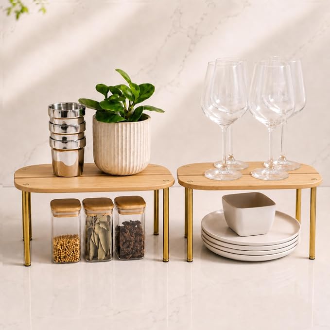 Ibyx Cabinet Organizer Set of 2 - Kitchen Pantry Organizers and Storage with Bamboo Top & Brass-Effect Metal Legs - for Kitchen Counter & Stackable Shelves for Cabinets with 22 lb Capacity - Natural