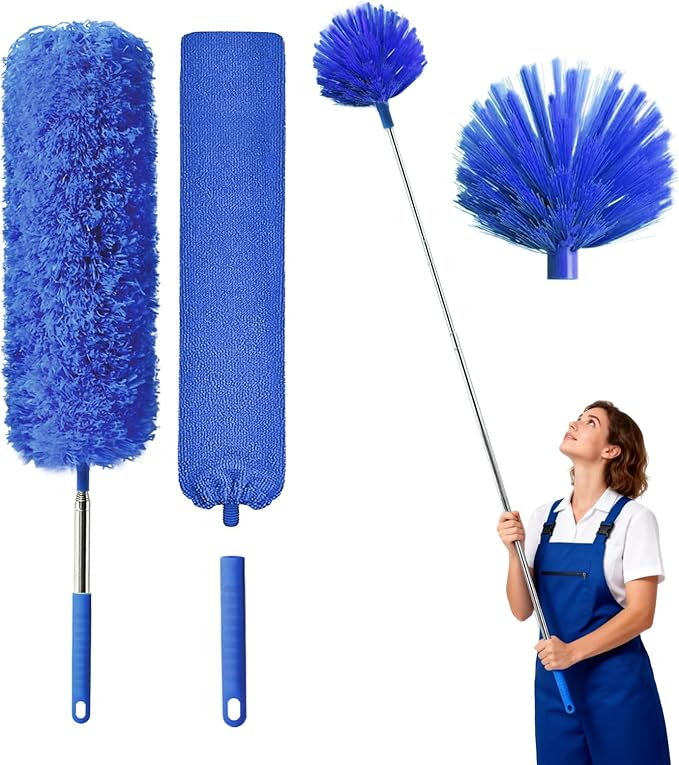 Cobweb Duster with Extension Pole, Washable Cleaning Duster Kit with 3 Duster Heads, Cobweb Duster, Corner Brush, Gap Dust Cleaner, Telescoping Pole for Ceiling Fan, Long Duster for high Ceilings