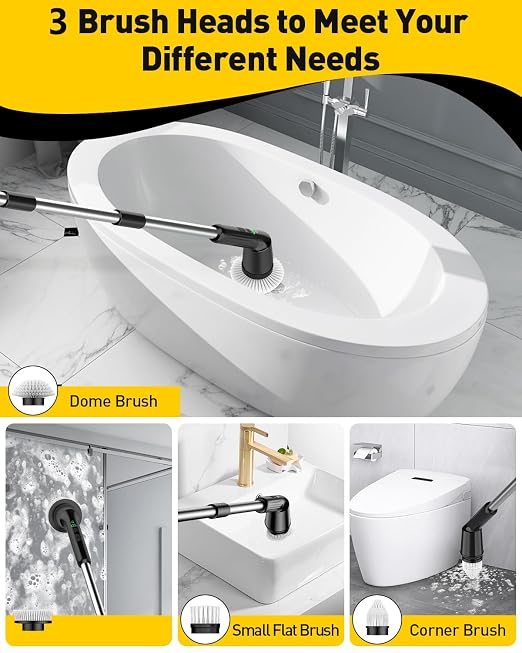 Electric Spin Scrubber for Cleaning Bathroom, Shower Scrubber Rotary Floor Brushes with IPX7 Waterproof & 2 Speed, 3 Brush Heads, Bathroom Cleaning Supplies for Toilet Shower Tub Dark