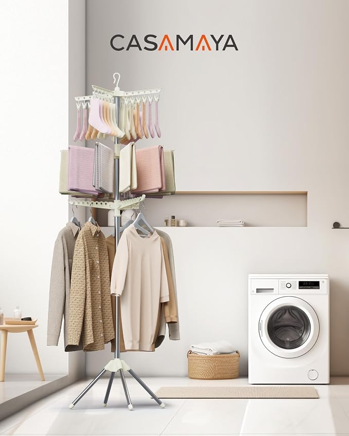 CASAMAYA Clothes Drying Rack Foldable, 79.5 inch 3 Tier Laundry Drying Rack with Rotating Clothes Rail for 27 Pieces of Clothes and 24 Clips for Hanging Socks,Space Saving, White and Silver CDR003W01