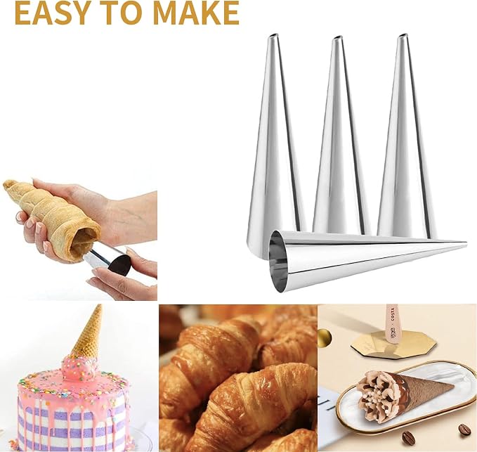 20Pcs Large Conical Cream Horn Molds, Non-stick Cream Horn Molds Stainless Steel, 5 inch Large Size Cannoli Tubes Kit Pack of Baking Cones Pastry Roll Horn Croissant Mold With brush