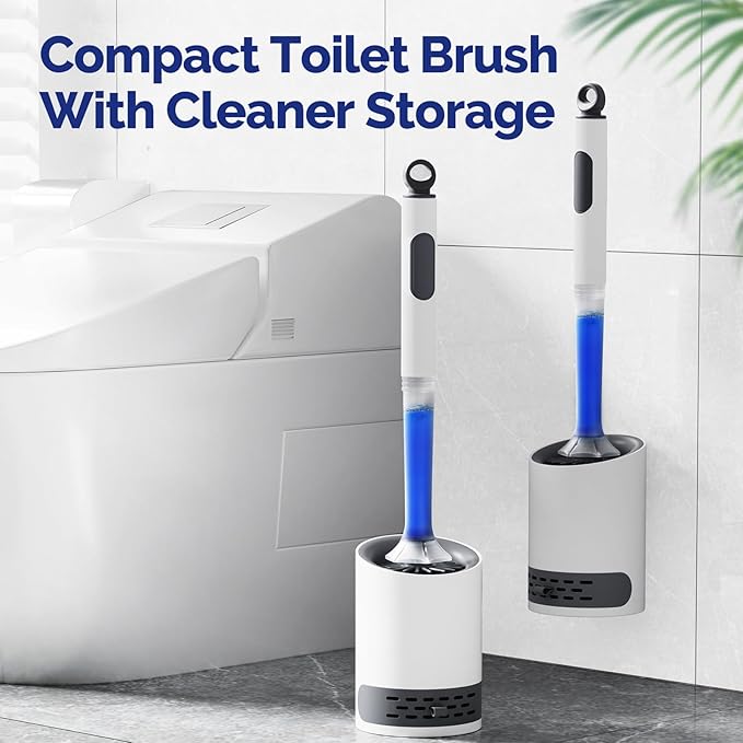 Toilet Bowl Brush Holder Set: Silicone Toilet Brush with Refillable Handle Dispenser - Bathroom Scrubber Rv Cleaner Toilet Brush with Caddy - Deep Cleaning Bathroom Scrub Brush
