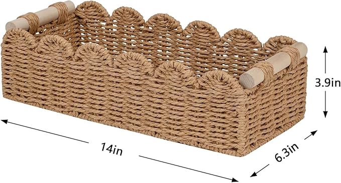 CubesLand Bathroom Basket Organizer, Toilet Tank Paper Storage Baskets 2PK | Scalloped Decorative Basket for Countertop w/Handle, Wicker Basket for Bathroom Decor, Home Decor, Living Room, Neutral