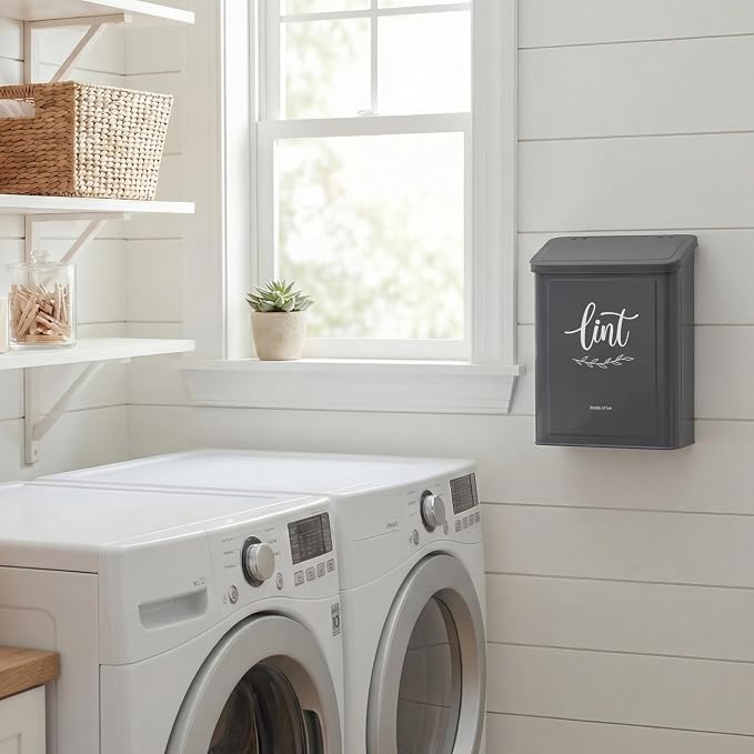 Perfnique Magnetic Lint Bin for Laundry Room with Lint Brush, Wall Mounted Lint Holder Trash can with lid for Dryer, Modern Farmhouse Rustic Metal Laundry Room Storage Organization and Decor(Gray)