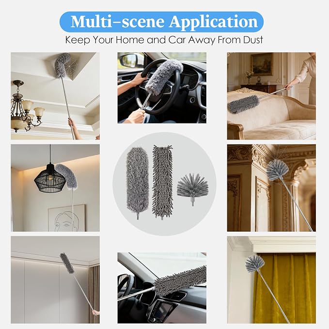 Microfiber Feather Duster 5-in-1 Kit with Extension Pole, Washable Cleaning Duster Set with 3 Duster Heads, Cobweb Duster, Corner Brush, 100'' Extendable Long Duster for High Ceilings, Fans, Furniture