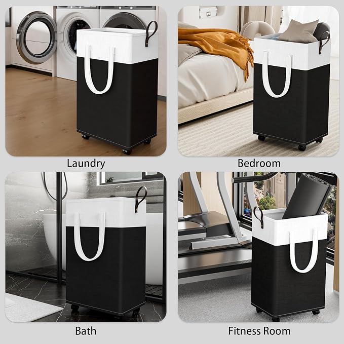 HomeHacks 90L Rolling Laundry Basket with 4 Wheels Collapsible Black | 4 Wheels, Waterproof PEVA Lining, Cotton Flax Fabric, Metal Frame, Bathroom Laundry Room Dorm Storage, Space-Saving Design