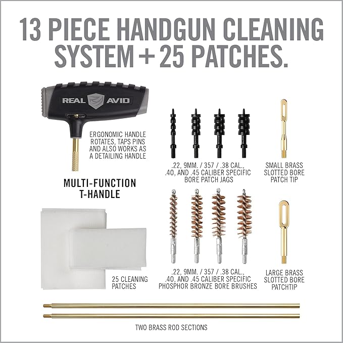 Real Avid PRO Handgun Cleaning Kit – Multi-Caliber Pistol Cleaning Kit for .22, 9mm, .357, .38, .40, .44 & .45 – Brass Rod, Bore Brushes, Jags, Patches & Crush-Proof Range Case