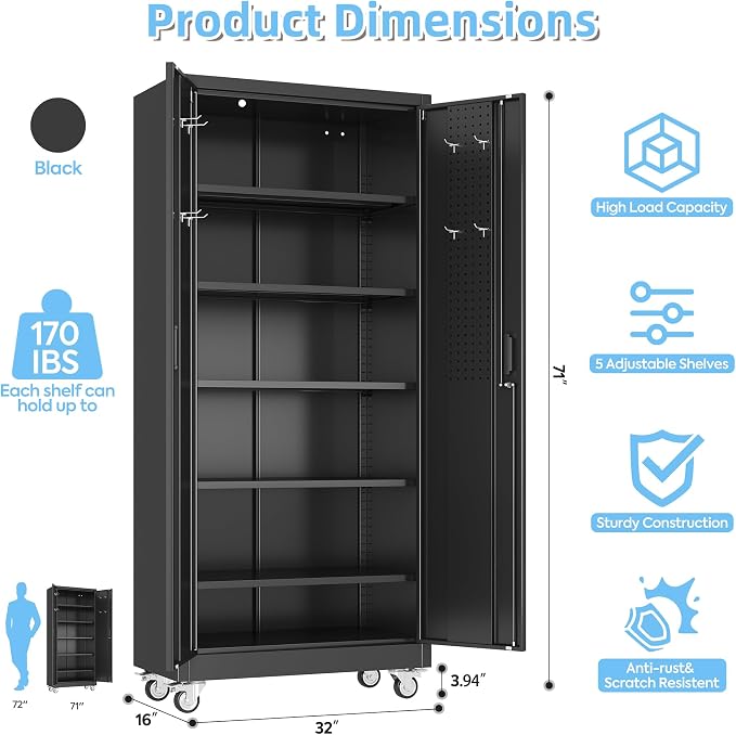 Aobabo Black Metal Garage Storage Cabinet with Wheels, 34"W x 18"D x 71"H | 5 adjustable shelves hold up to 170 lb each; 4 lockable casters and lockable doors organize tools and supplies.