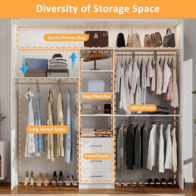 Closet System with Drawers, 5-8FT Closet Organizer Systems with Expandable Hanging Rods, 91.36" Closet Shelving Systems for Walk in Closets, Heavy Duty Wall Mount Closet Systems-White