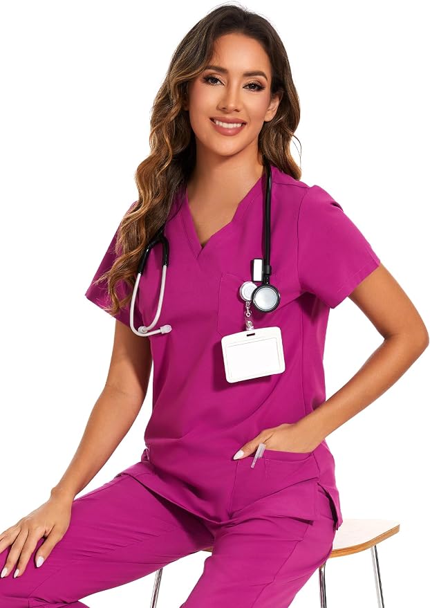 Scrubs Tops for Woman - Soft Stretch, V-Neck Tops | 3 Pockets, Side Split Design, Short Sleeve, Breathable & Lightweight Nursing Shirt, Easy-Care Fabric for All-Day Comfort