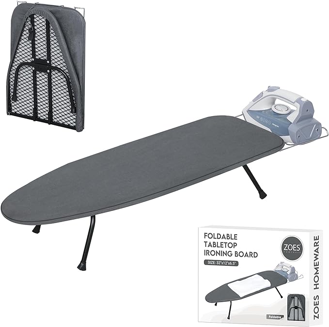 ZOES HOMEWARE Metal Mesh Panel Tabletop Ironing Board | Foldable Iron Board | Heavy Duty Small Iron Board with Heat Resistant Cover and 100% Cotton 8mm Thicken Pad | 31.5"x11.8"x6.2"