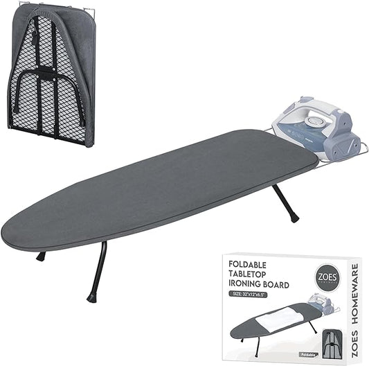 ZOES HOMEWARE Metal Mesh Panel Tabletop Ironing Board | Foldable Iron Board | Heavy Duty Small Iron Board with Heat Resistant Cover and 100% Cotton 8mm Thicken Pad | 31.5"x11.8"x6.2"
