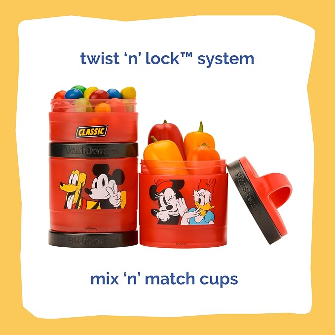 Whiskware Disney Mickey Mouse and Friends Stackable Snack Containers for Babies, Toddlers, and Kids, 3 Stackable Snack Cups for School and Travel, Cupholder Friendly, Classic!
