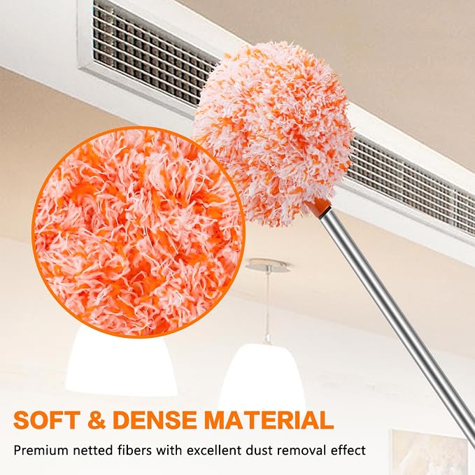 Ceiling Fan Cleaner Duster Reusable Microfiber Ceiling Fan Blade Cleaner Removable Duster with Extension Pole Adjusts 13 to 49.7 Inch for Cleaning Walls Furniture Door Window Top (Orange White)