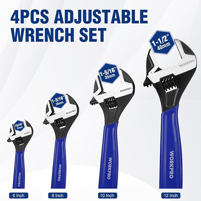 WORKPRO 4 PCS Adjustable Wrench Set, 6", 8", 10" & 12" Wide Jaw Wrenches | Cr-V Steel Wrenches with Black Oxide Finish, Metric & SAE Scales for Home, Garage and Workshop Use