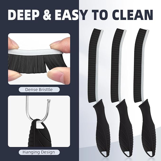 FOOGWEE Hard Bristle Crevice Cleaning Brush - Home Cleaning Tools, Multi-Purpose Crevice Supplies for Kitchen, Bathroom, Toilet, Window, Vehicle, Faucets, Grout, Home (3, Black)
