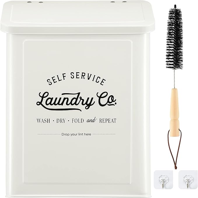 MONJITA Magnetic Lint Bin for Laundry Room, Laundry Trash Can with Brush | Metal lint holder and magnetic lint box for dryer, laundry room organization, farmhouse laundry decor